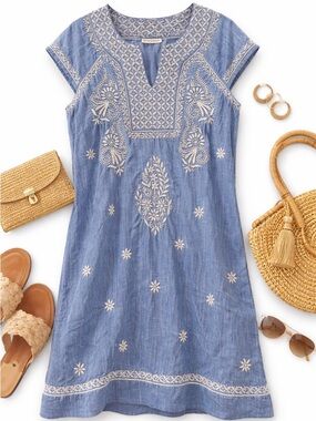 Roller Rabbit Embroidered Chambray Tunic Dress Blue Boho SZ Large LIKE NEW
